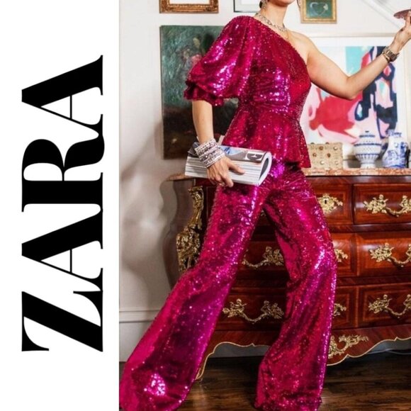 NWT ZARA LIMITED EDITION RED SEQUIN WIDE LEG PANTS, SIZE MEDIUM - Picture 13 of 13